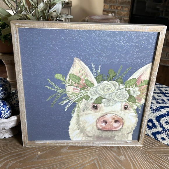 NEW! Cottage Farmhouse Rustic Wood Frame Farm Pig Glitter Floral Rose Crown Art - Picture 8 of 9